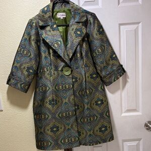 3 Sisters Green and Blue Geometric Trench Coat